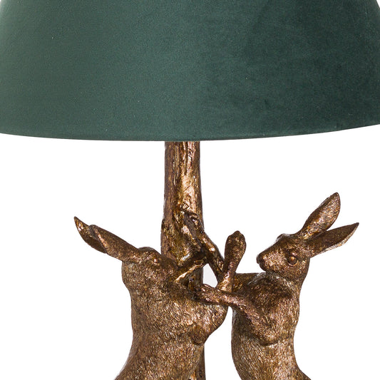 Antique Gold Marching Hares Lamp With Green Velvet Shade - HomenestUK