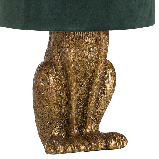 Antique Gold Hare Table Lamp With Green Velvet Shade - HomenestUK
