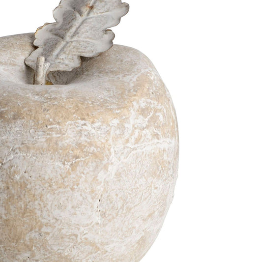 Medium stone apple sculpture with realistic details and antiqued finish, perfect for rustic decor.