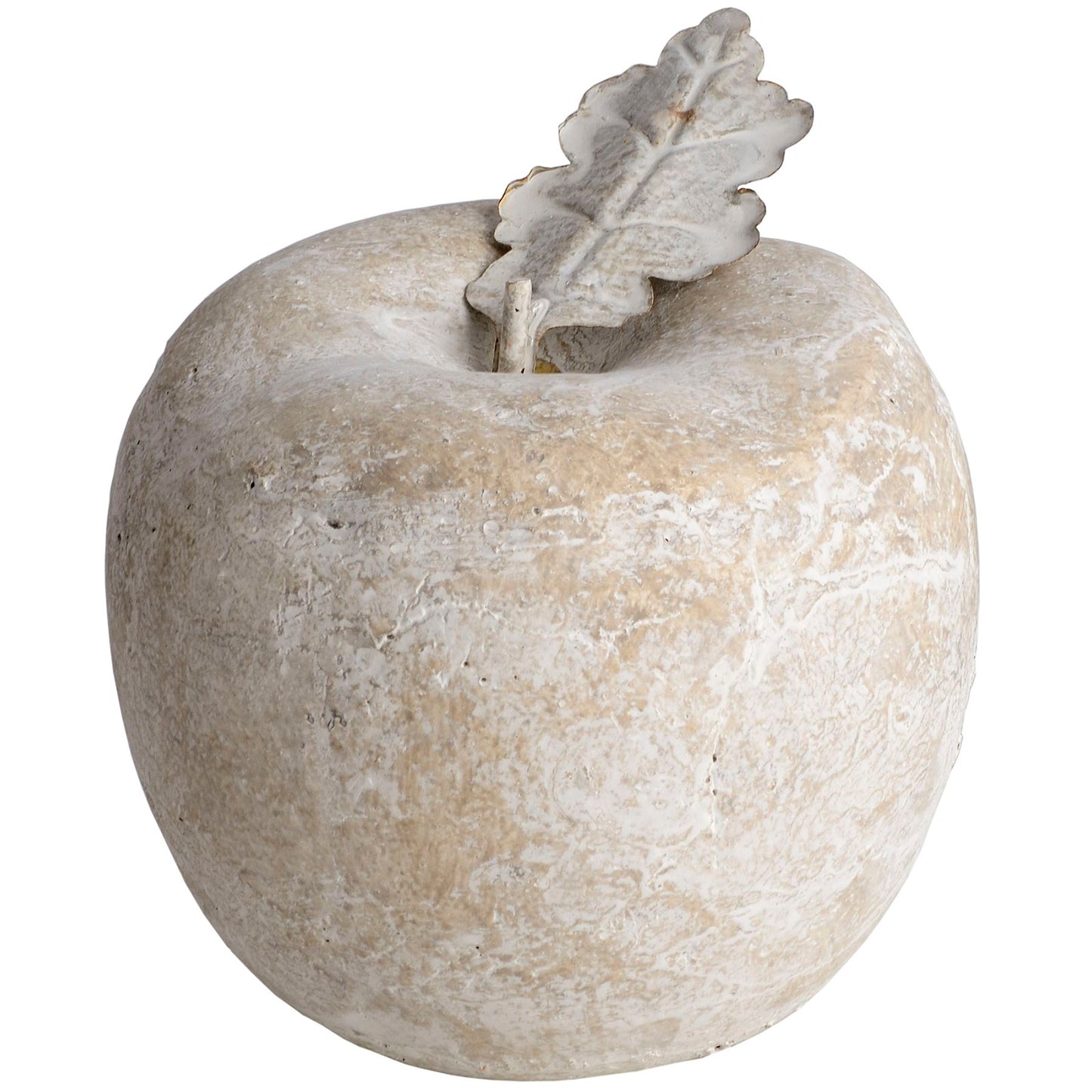 Medium stone apple sculpture with antiqued finish and leaf, perfect for rustic decor and seasonal displays.