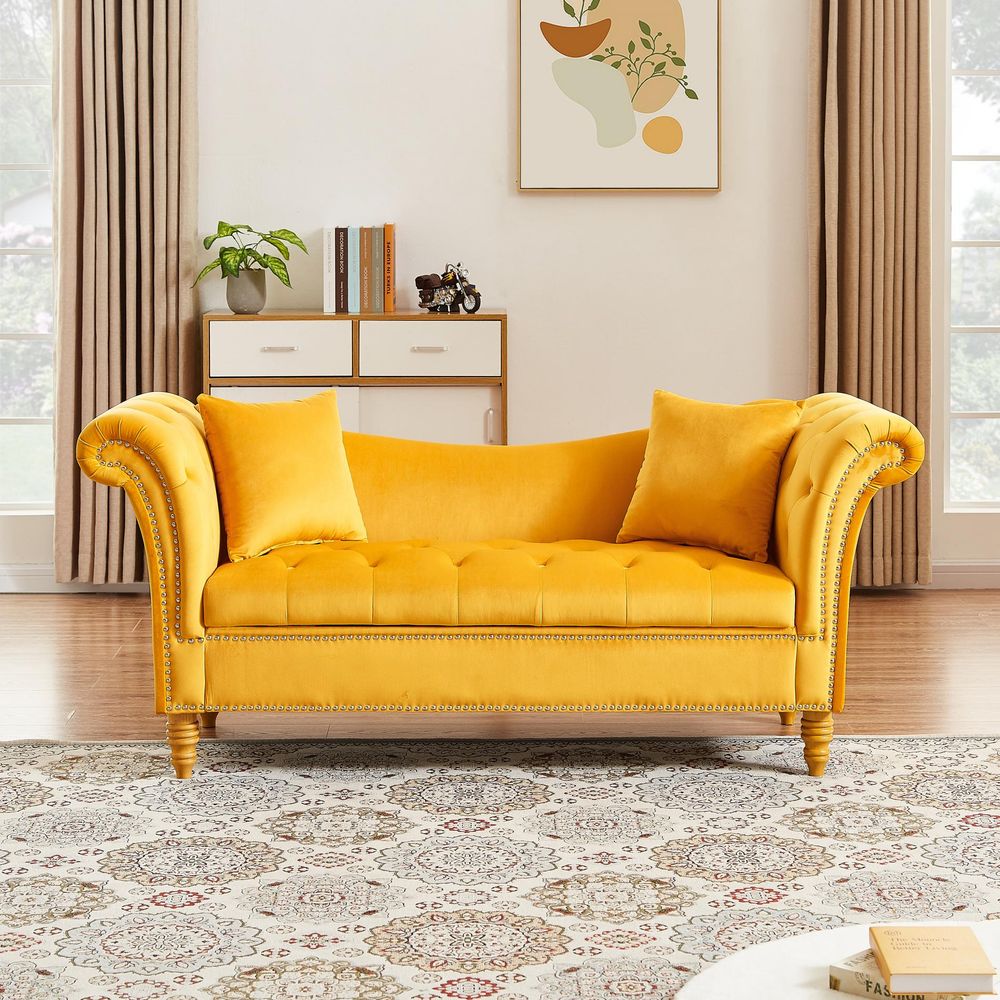 Velvet Sofa Stool with 2 Pillows in Beige