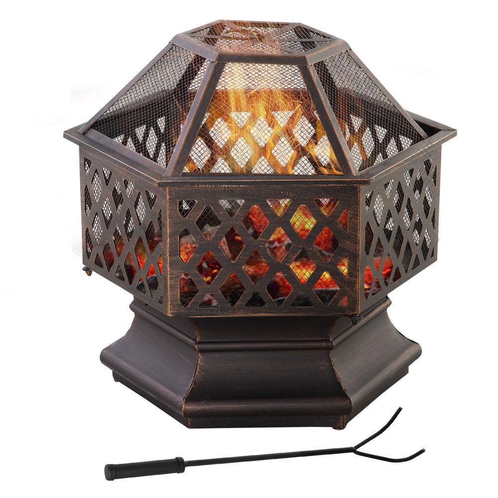 Outdoor Fire Pit with Screen Cover, Portable Wood Burning Firebowl