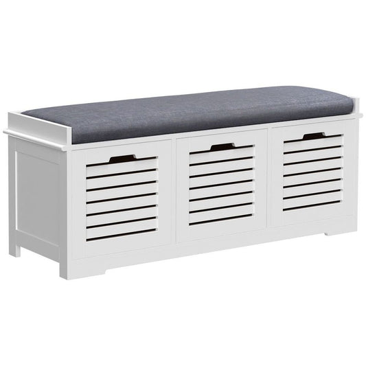 3-Door Shoe Storage Bench Cushion Seat Slatted Doors Elevated Base White