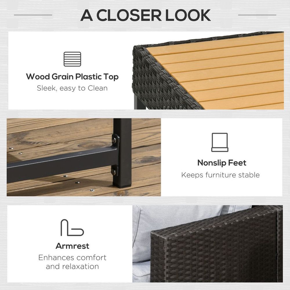 5 PCS Rattan Corner Sofa, Rattan Garden Furniture Wood Grain Plastic Top Table