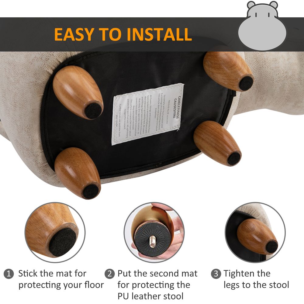 HOMCOM Hippo Storage Stool Cute Decoration Footrest Wood Frame Legs Cream