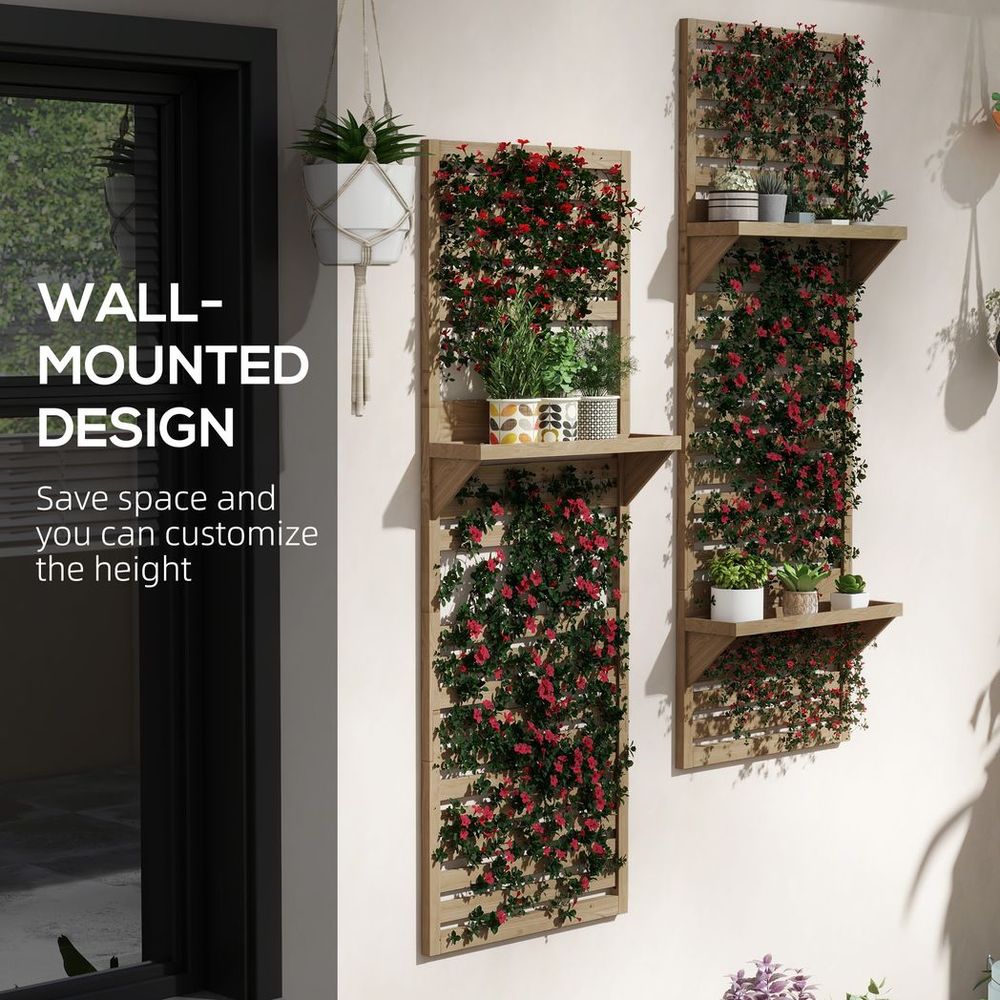 Outsunny Wall Mounted Plant Stands Set of 2 with Shelves and Slatted Trellis