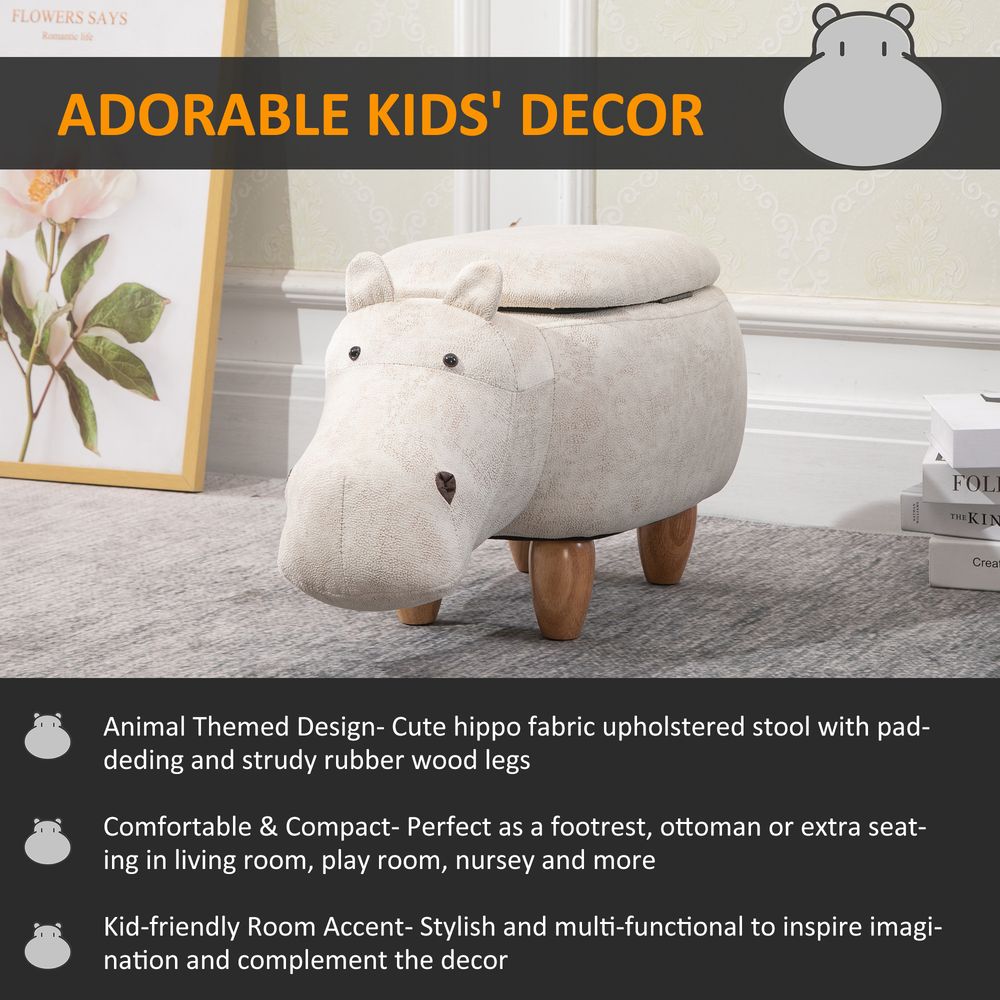 HOMCOM Hippo Storage Stool Cute Decoration Footrest Wood Frame Legs Cream