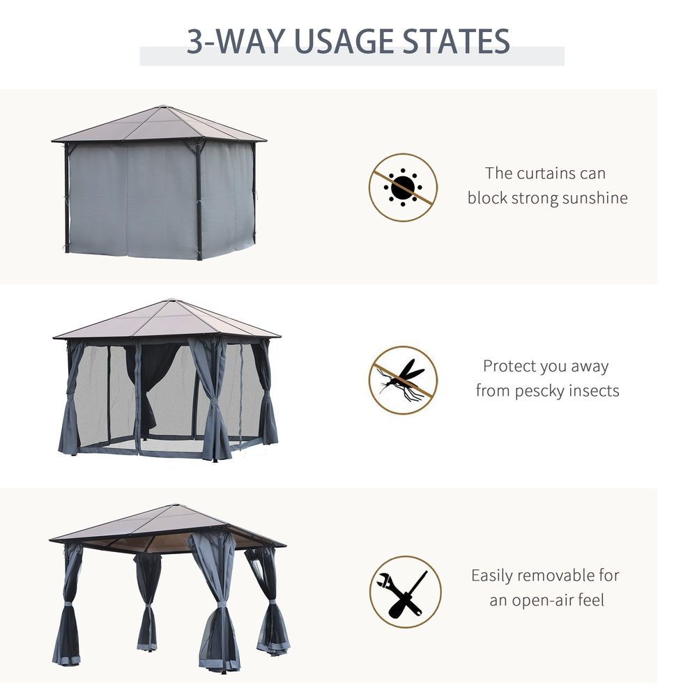 3x4m Garden Aluminium Gazebo Hardtop Roof with Mesh Curtains Grey