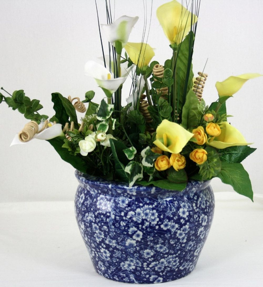 Ceramic Planter, Vintage Blue & White Daisies Design