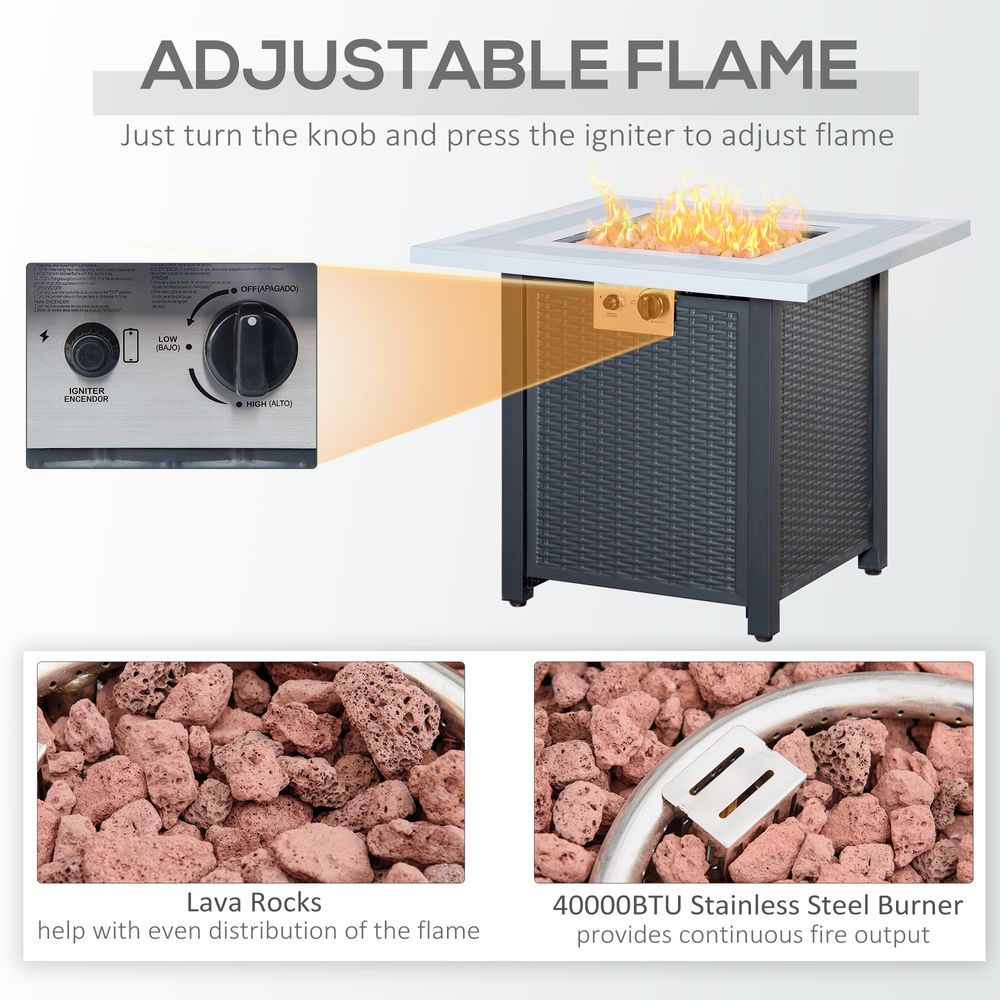 Square Propane Gas Fire Pit Table Rattan Smokeless Heater with Lava Rocks & Lid