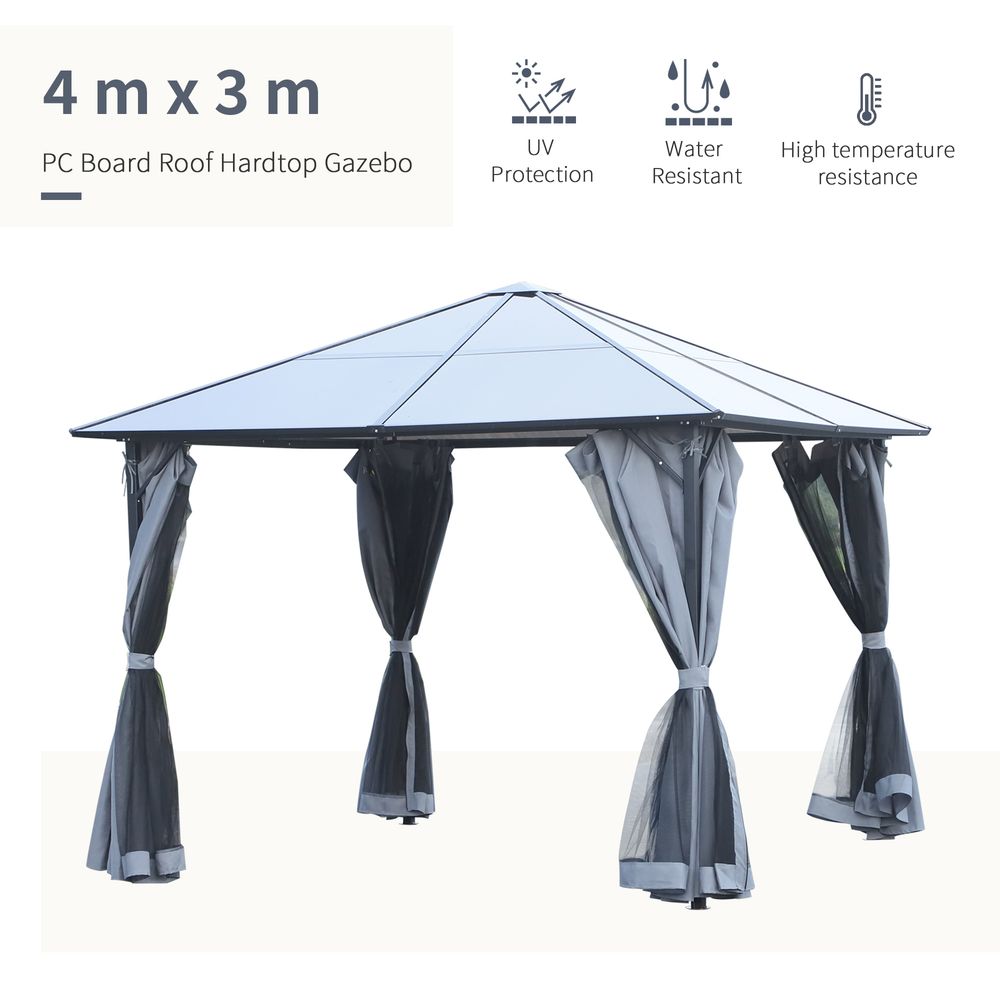 3x4m Garden Aluminium Gazebo Hardtop Roof with Mesh Curtains Grey