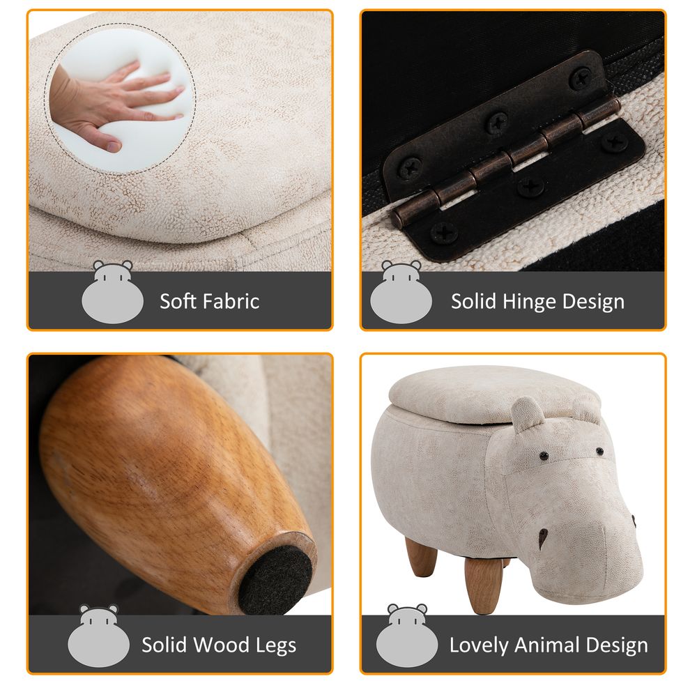 HOMCOM Hippo Storage Stool Cute Decoration Footrest Wood Frame Legs Cream