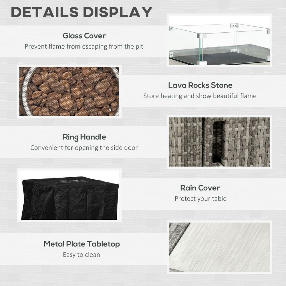 Outsunny Gas Fire Pit Table w/ Rain Cover, Windscreen & Lava Stone, 50,000 BTU