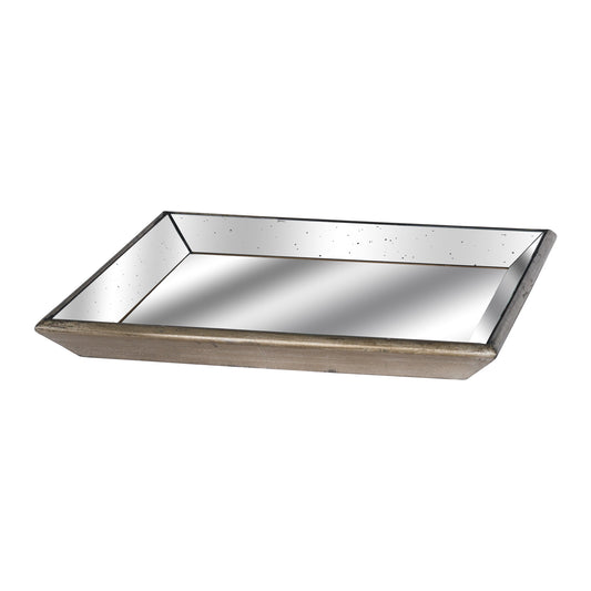 Astor Distressed Mirrored Square Tray W/Wooden Detailing Lge - HomenestUK