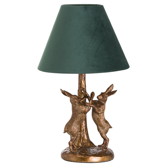 Antique Gold Marching Hares Lamp With Green Velvet Shade - HomenestUK
