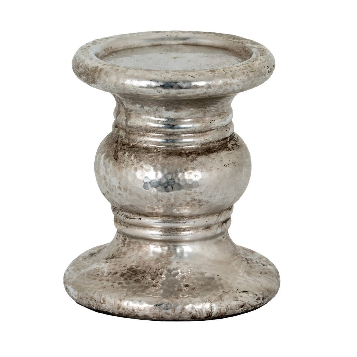 Silver Punch Faced Ceramic Large Candle Holder in silver