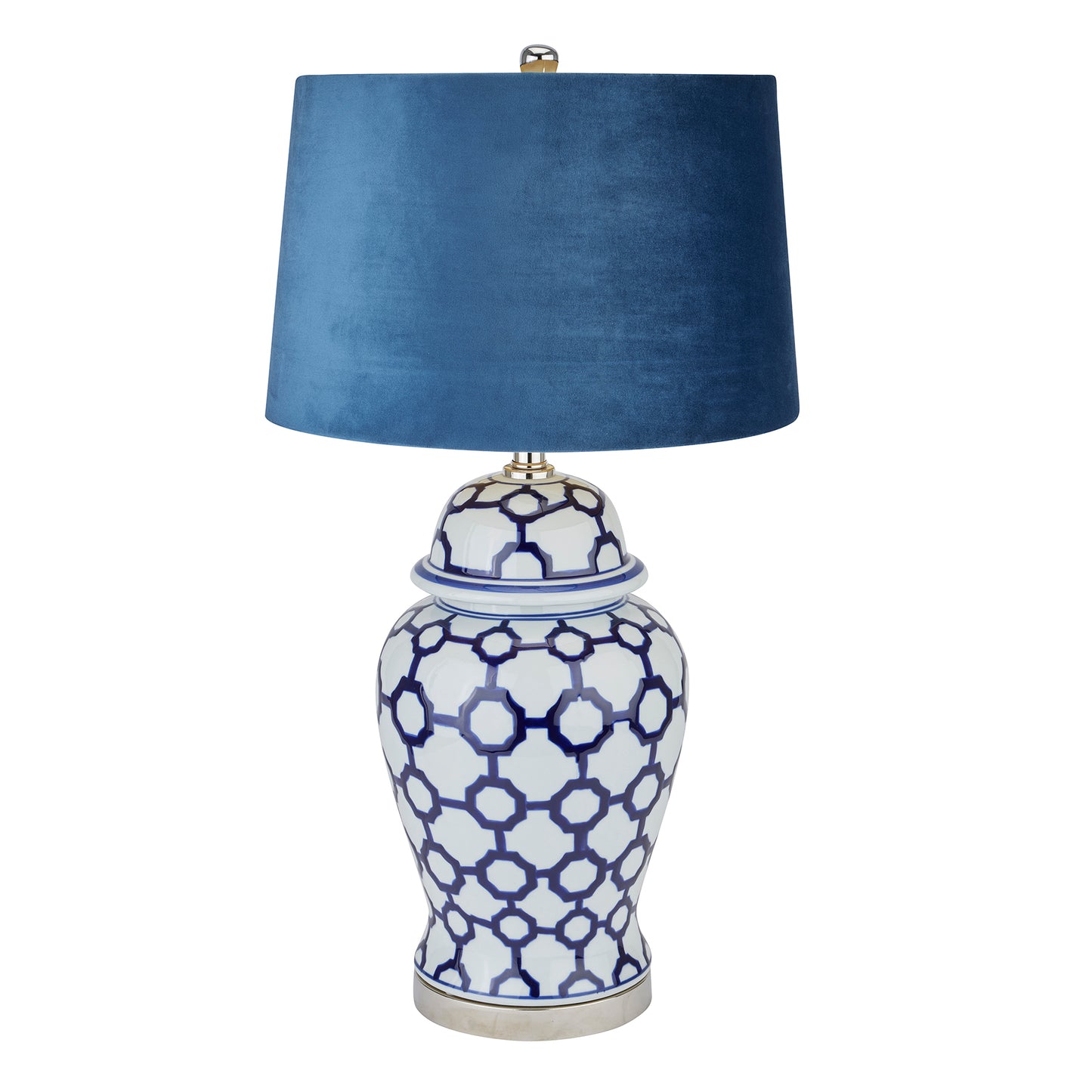 Acanthus Blue And White Ceramic Lamp With Blue Velvet Shade - HomenestUK