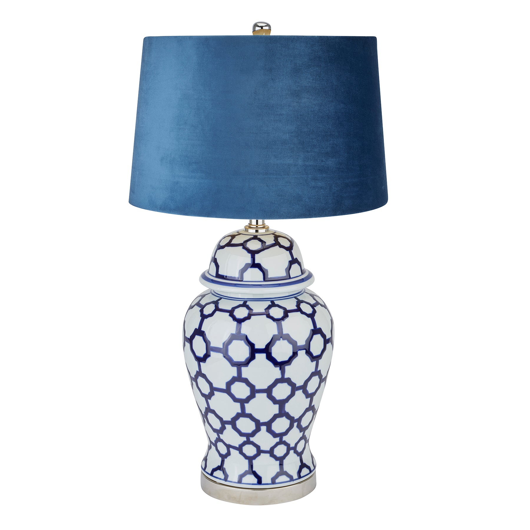 Acanthus Blue And White Ceramic Lamp With Blue Velvet Shade - HomenestUK