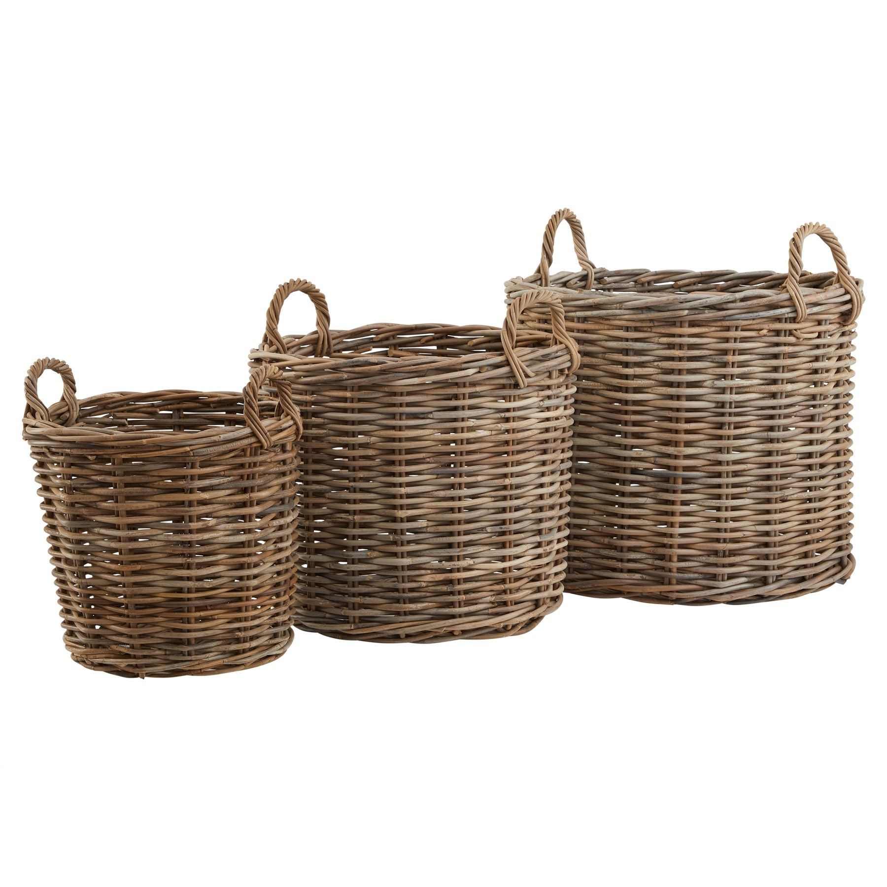 Set of 3 Kubu Rattan Round Storage Baskets WICKER Curved Gifts & Accessories in brown styled interior setting, luxury home decor