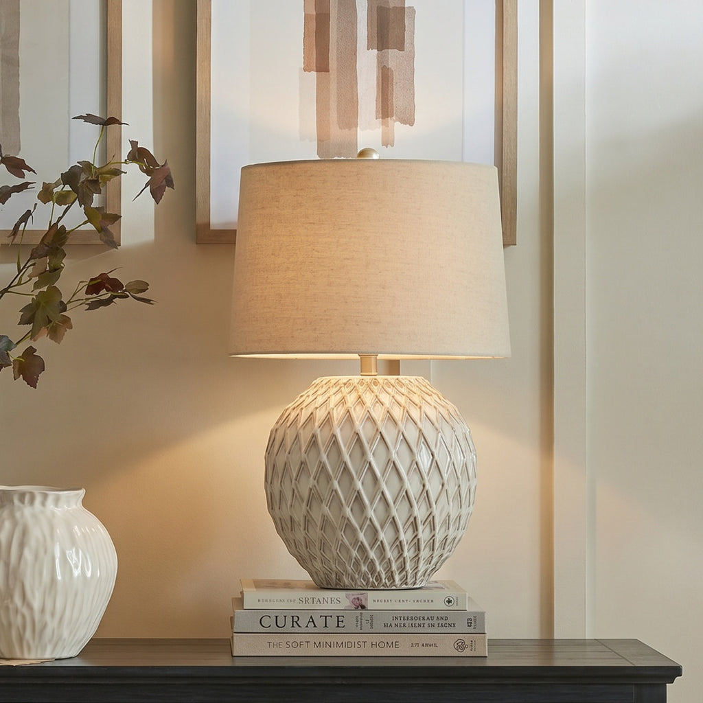 Lattice Ceramic Table Lamp With Linen Shade in white, made from ceramic and linen