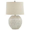 Lattice Ceramic Table Lamp With Linen Shade Table Lamp in white on a side table in a styled interior, luxury home decor