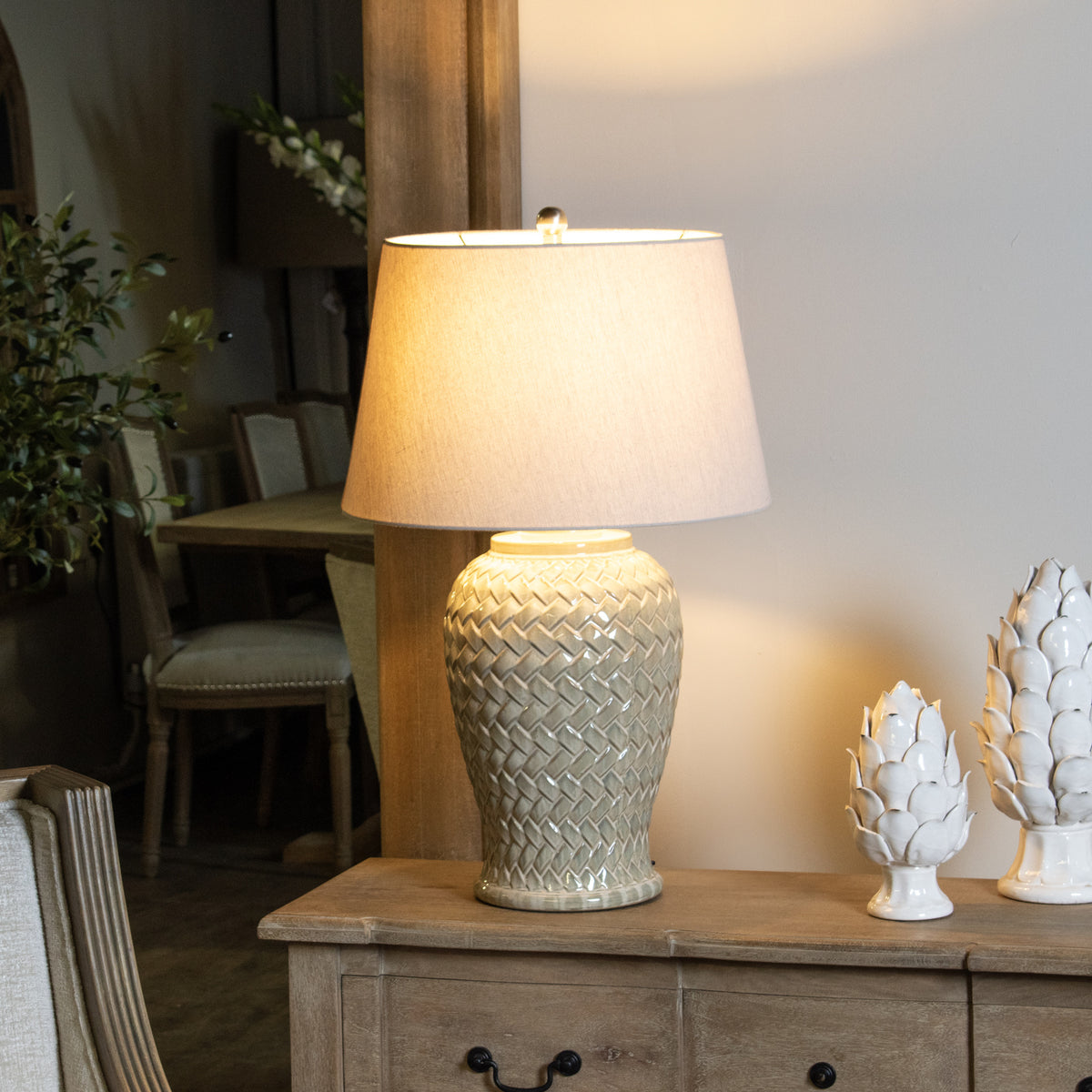 Woven Ceramic Table Lamp With Linen Shade in cream, made from ceramic and linen