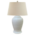 Woven Ceramic Table Lamp With Linen Shade Table Lamp in cream on a side table in a styled interior, luxury home decor