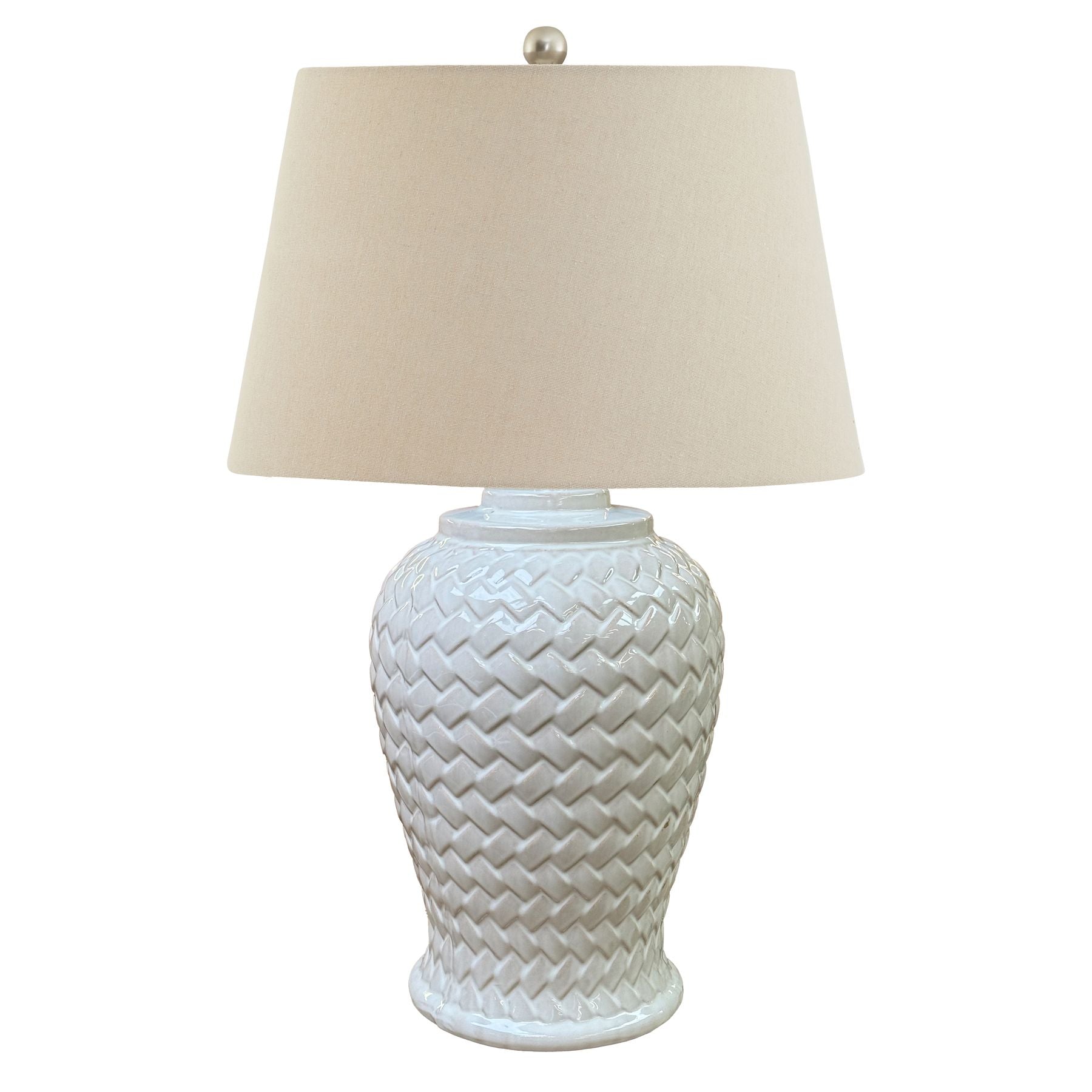 Woven Ceramic Table Lamp With Linen Shade Table Lamp in cream on a side table in a styled interior, luxury home decor