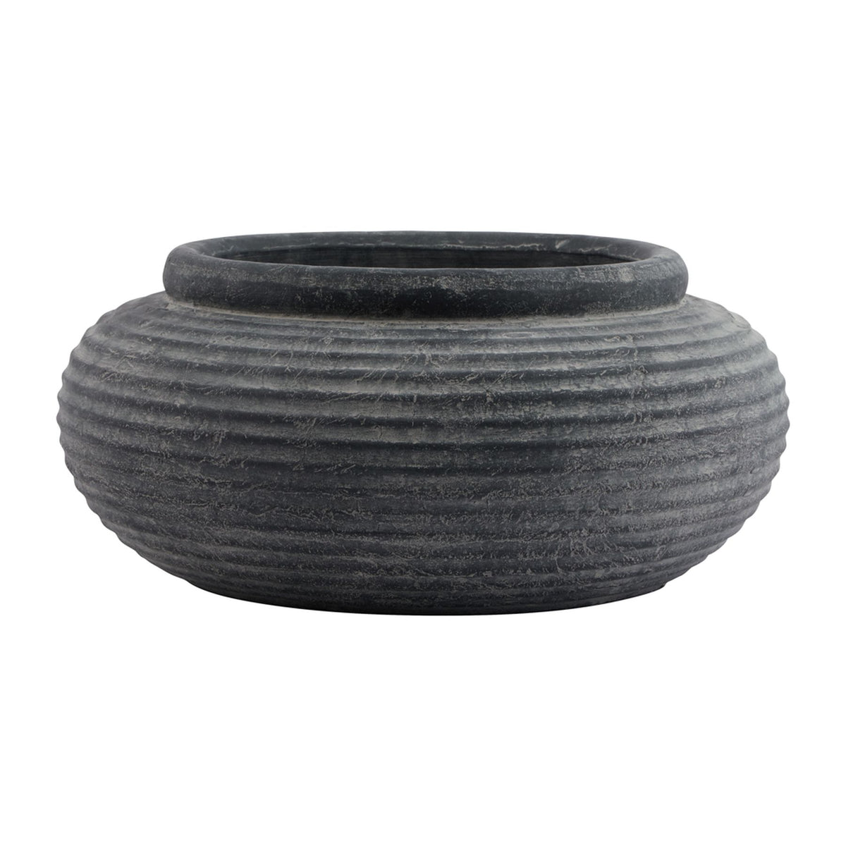 Amalfi Grey Round Ribbed Planter in grey, made from ceramic