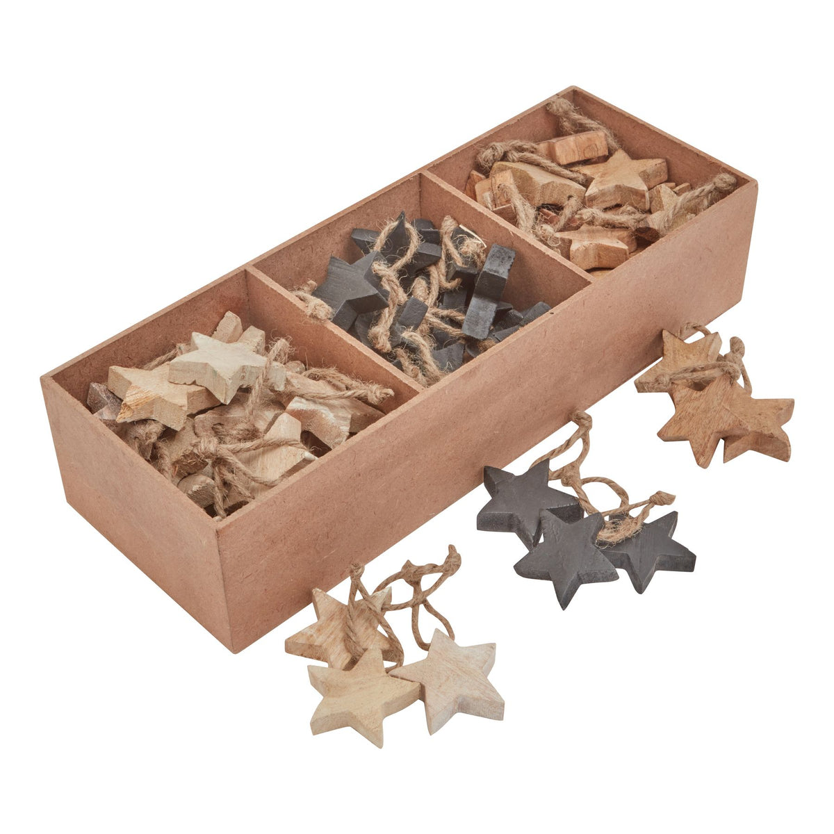 Pack of 90 Wooden Star Hanging Decorations in warm wood finish