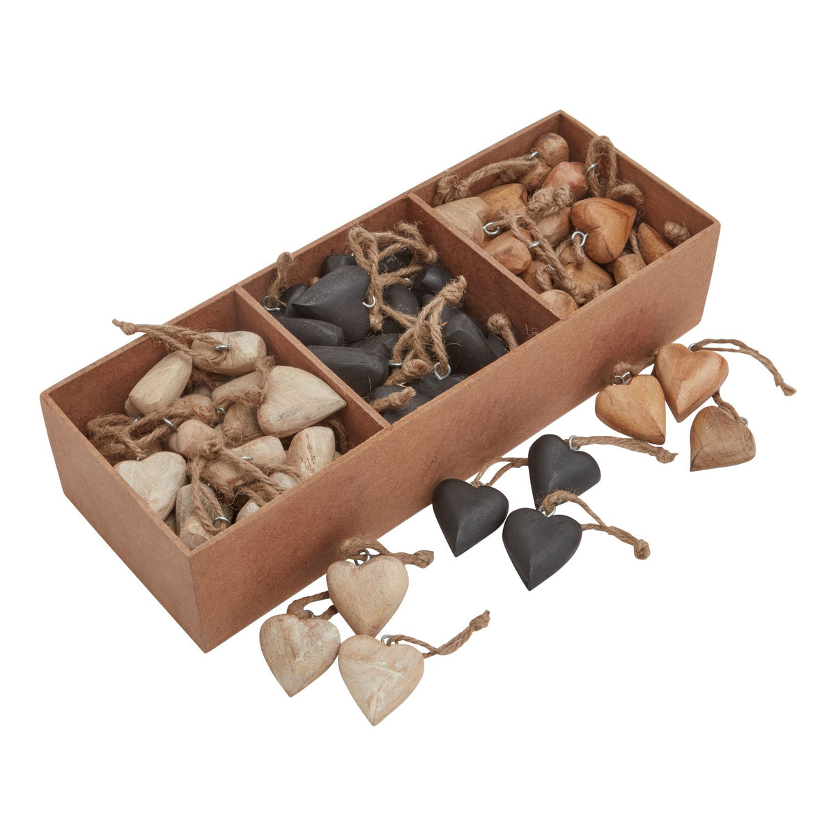 Pack of 90 Wooden Heart Hanging Decorations in warm wood finish