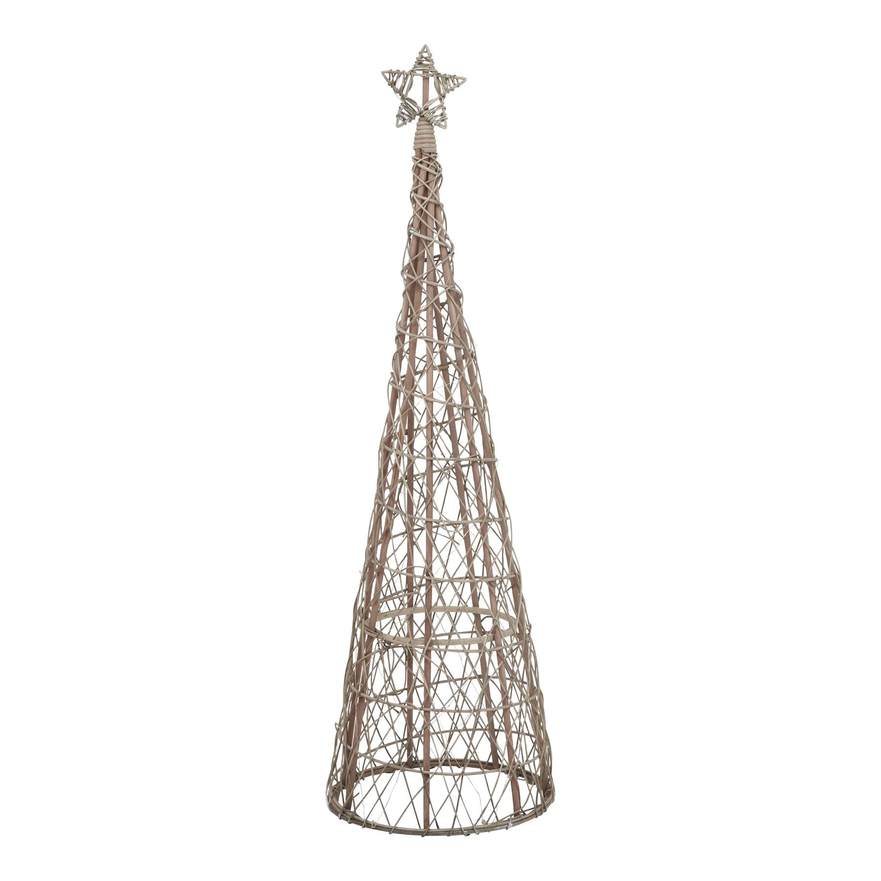 Large LED Wicker Christmas Tree With Star Gifts & Accessories in brown styled interior setting, luxury home decor