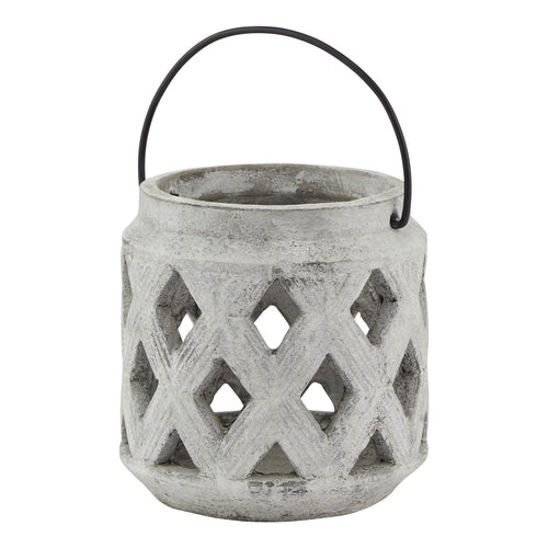 Athena Stone Lattice Lantern in white, made from ceramic