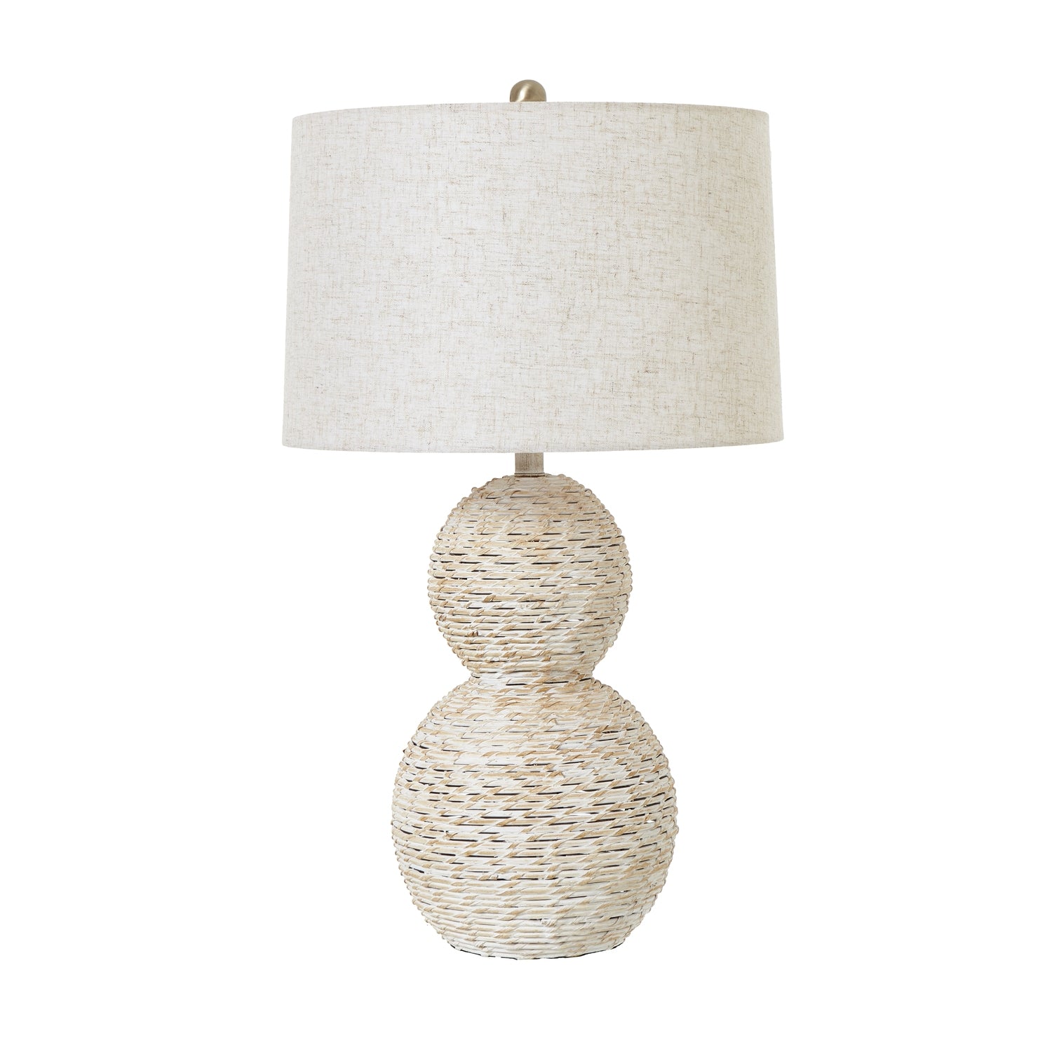 White Wash Wicker Globe Table Lamp With Linen Shade Table Lamp in brown on a side table in a styled interior, luxury home decor
