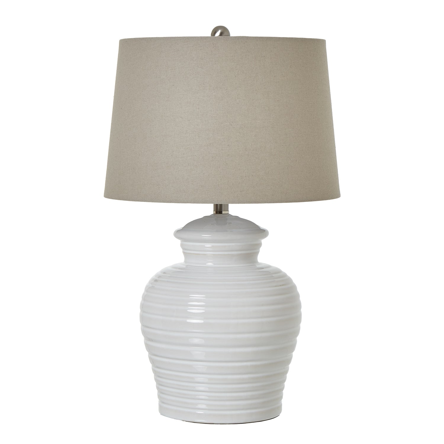 White Ceramic Pot Lamp With Linen Shade Table Lamp in green on a side table in a styled interior, luxury home decor