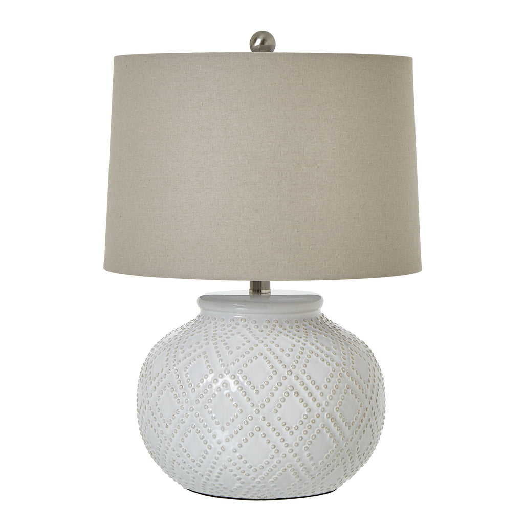Squat White Beaded Ceramic Lamp With Linen Shade Default Title