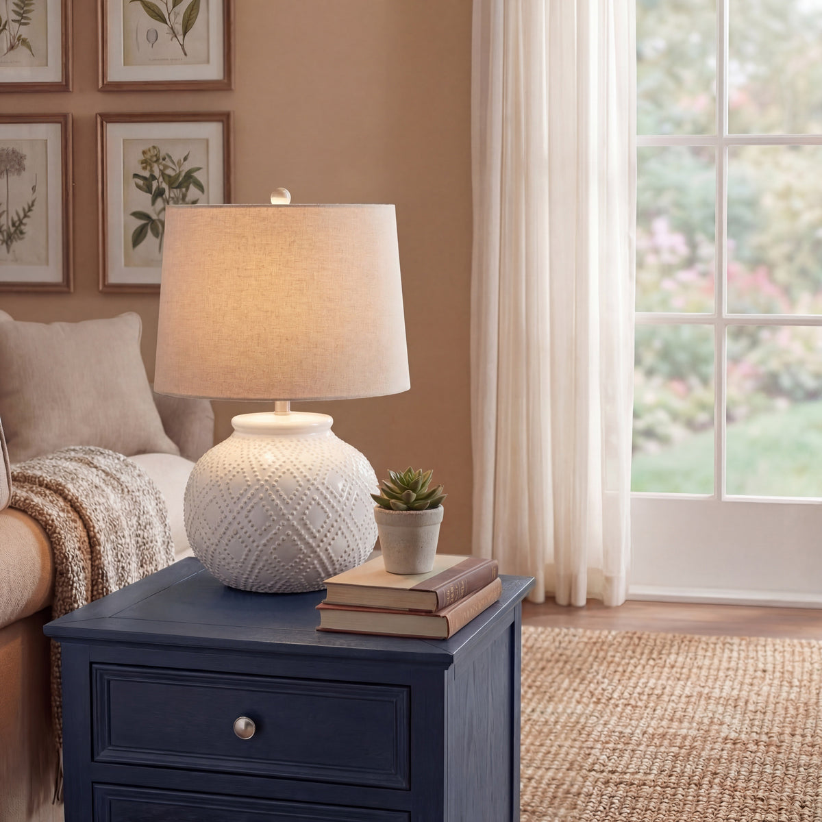 Squat White Beaded Ceramic Lamp With Linen Shade in white, made from ceramic and linen