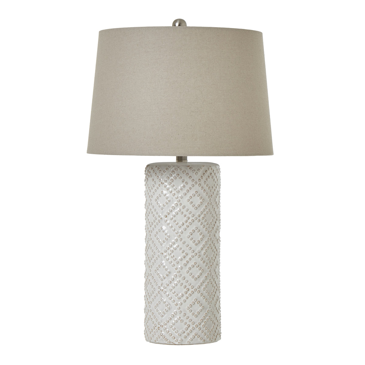White Beaded Ceramic Lamp With Linen Shade in white, made from ceramic and linen