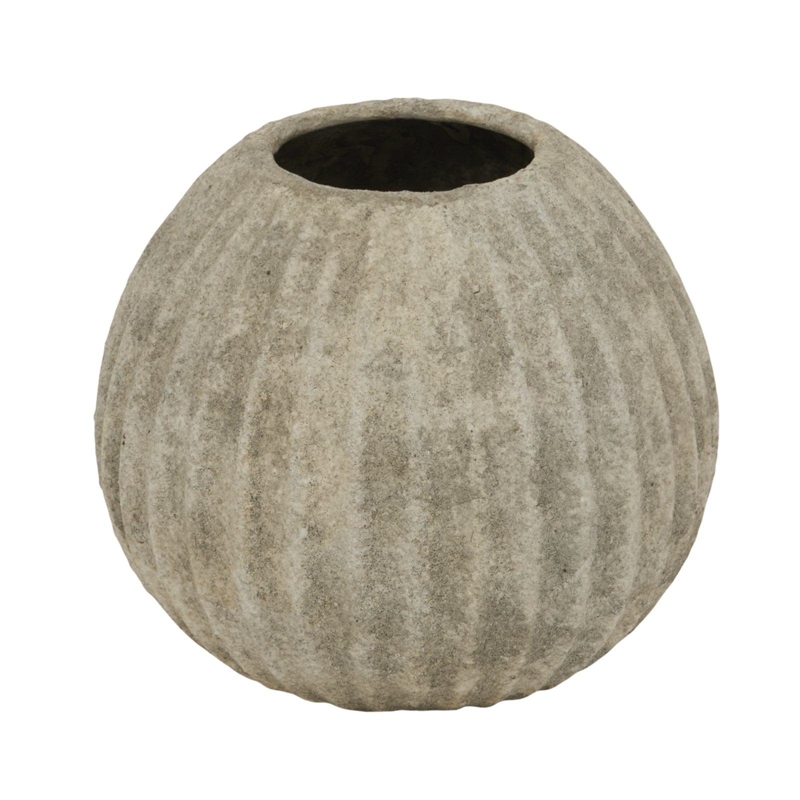 Catania Round Vase CERAMIC Curved in light grey displayed on a console table, luxury home decor