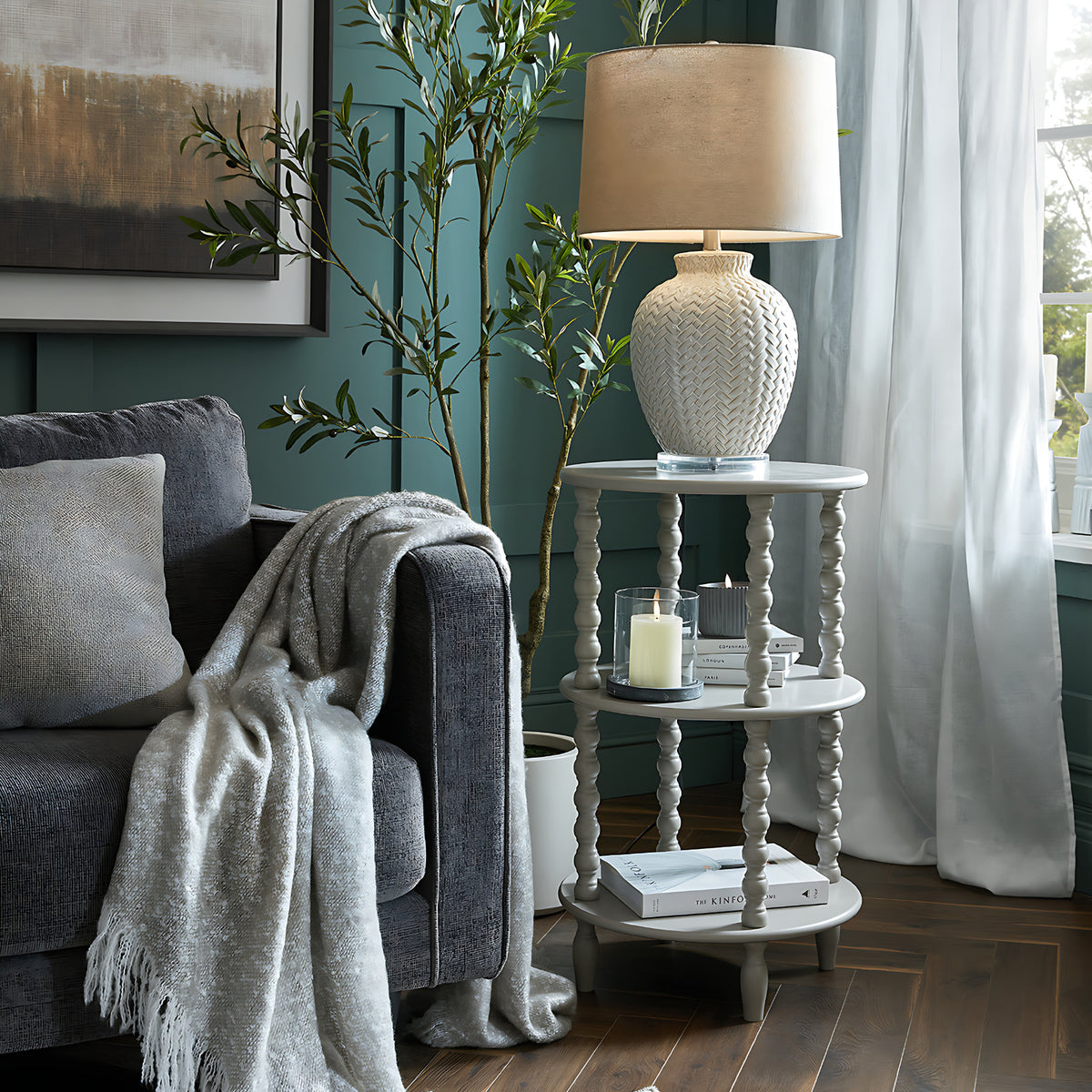 Twill Weave Ceramic Table Lamp With Linen Shade in white, made from ceramic and linen