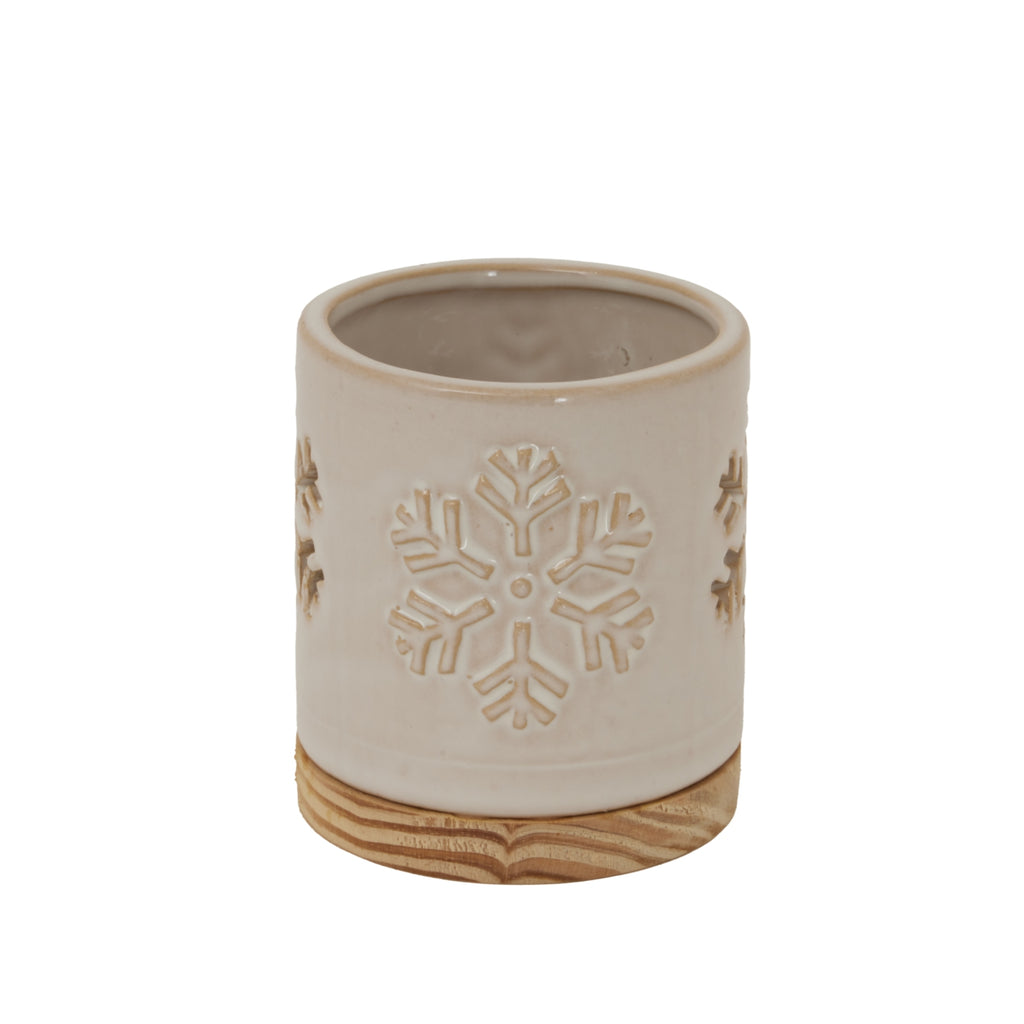 Alora Ceramic Snowflake Candle Holder On Wood Base in white, made from ceramic and wood