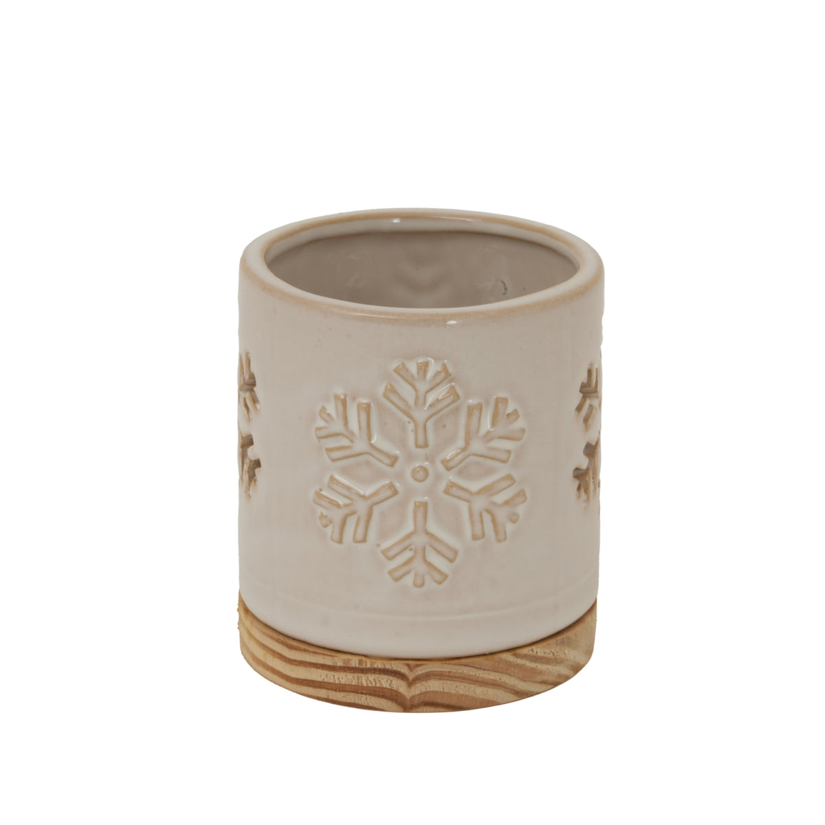 Alora Ceramic Snowflake Candle Holder On Wood Base in white, made from ceramic and wood
