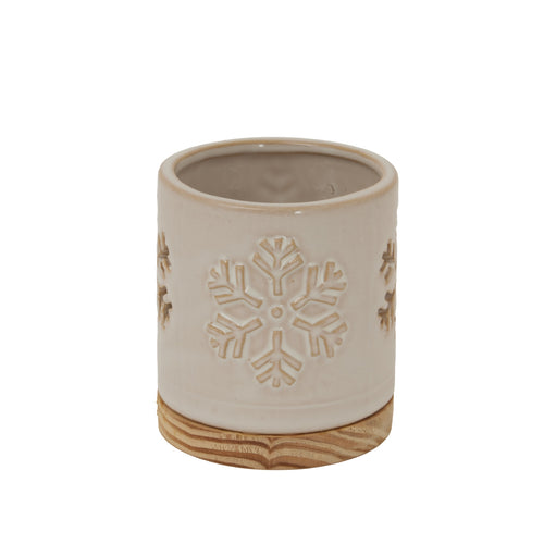 Alora Ceramic Snowflake Candle Holder On Wood Base in white, made from ceramic and wood