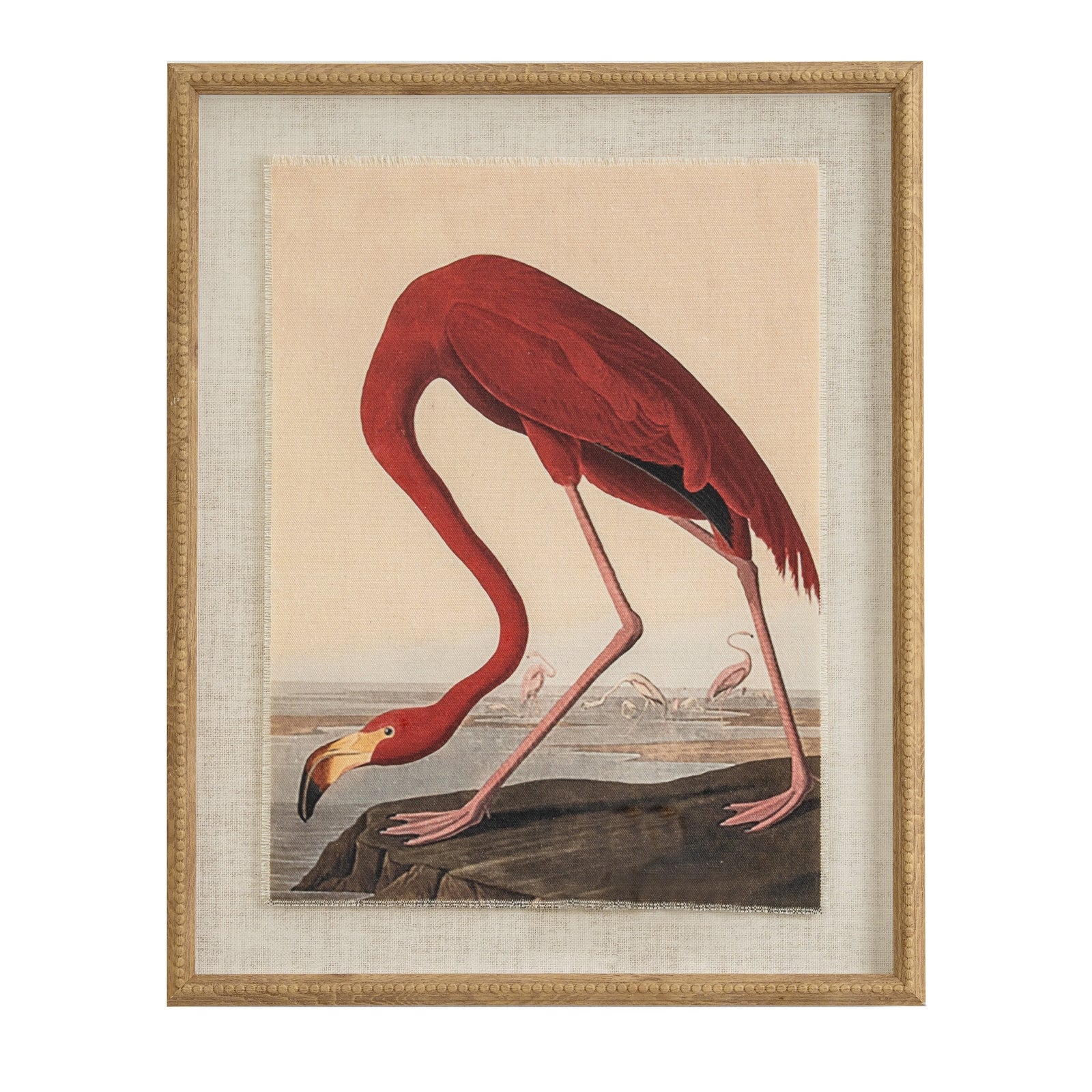 Flora & Fauna Collection Flamingo On Linen In Beaded Frame GLASS Art & Printed Products in brown styled interior setting, luxury home decor
