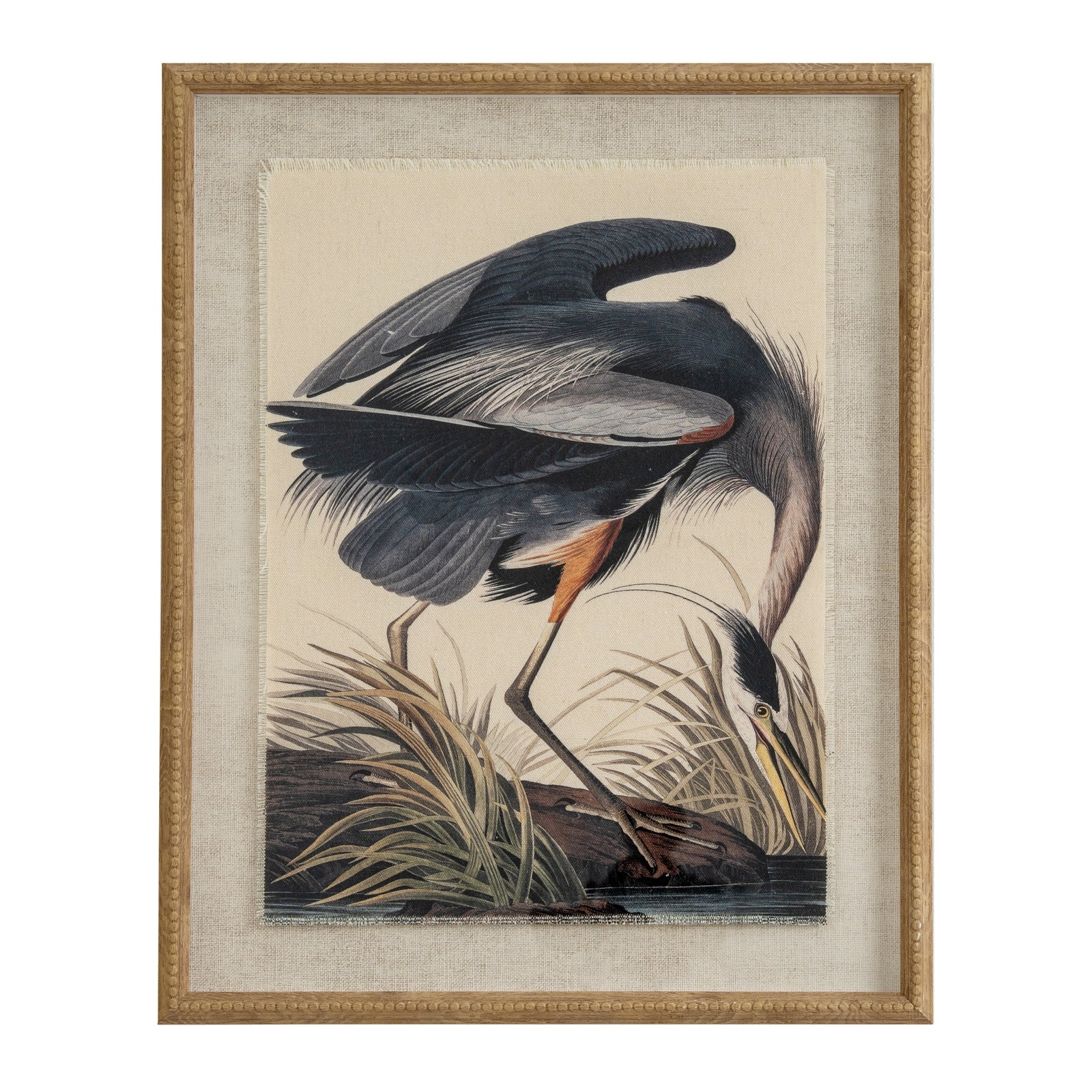 Flora & Fauna Collection Heron On Linen In Beaded Frame GLASS Art & Printed Products in brown styled interior setting, luxury home decor