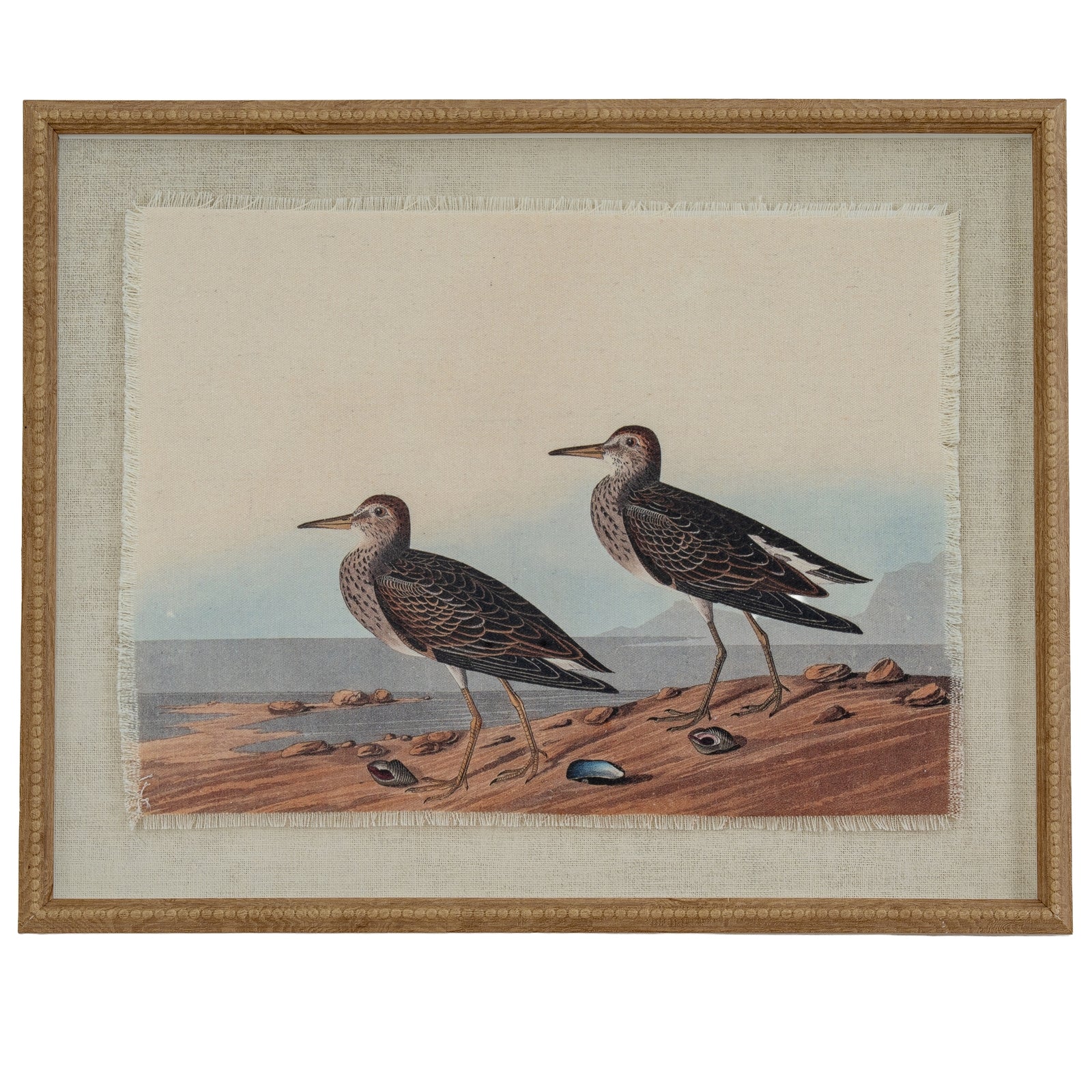 Flora & Fauna Collection Sandpipers On Linen In Beaded Frame GLASS Art & Printed Products in brown styled interior setting, luxury home decor