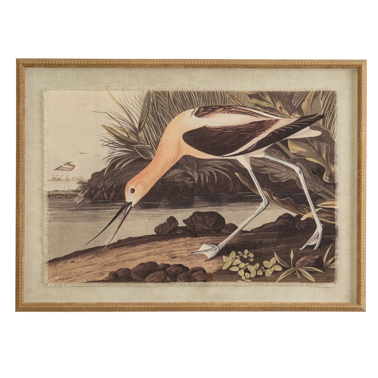 Flora & Fauna Collection Avocet On Linen In Beaded Frame GLASS Art & Printed Products in brown styled interior setting, luxury home decor
