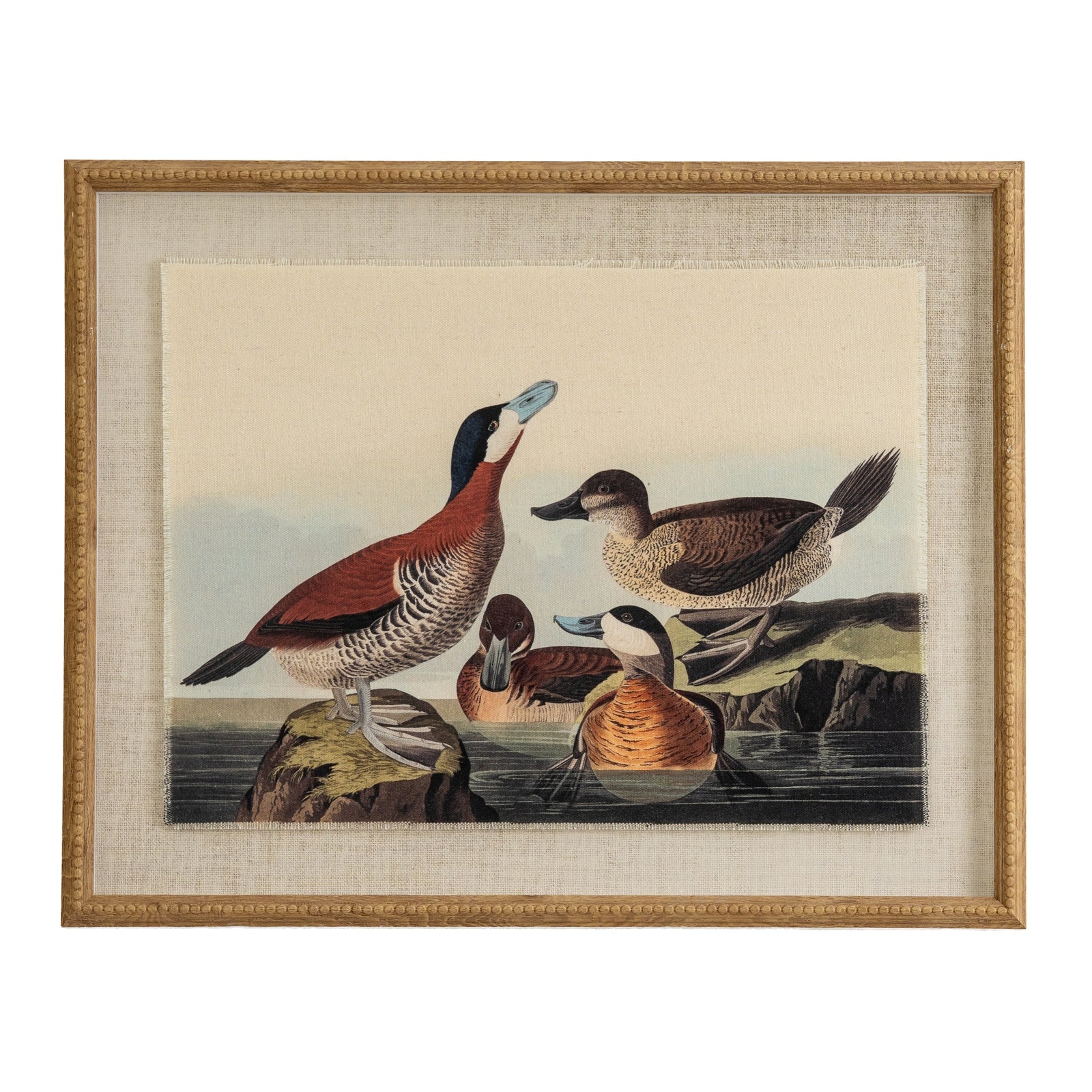 Flora & Fauna Collection Ducks On Linen In Beaded Frame GLASS Art & Printed Products in brown styled interior setting, luxury home decor