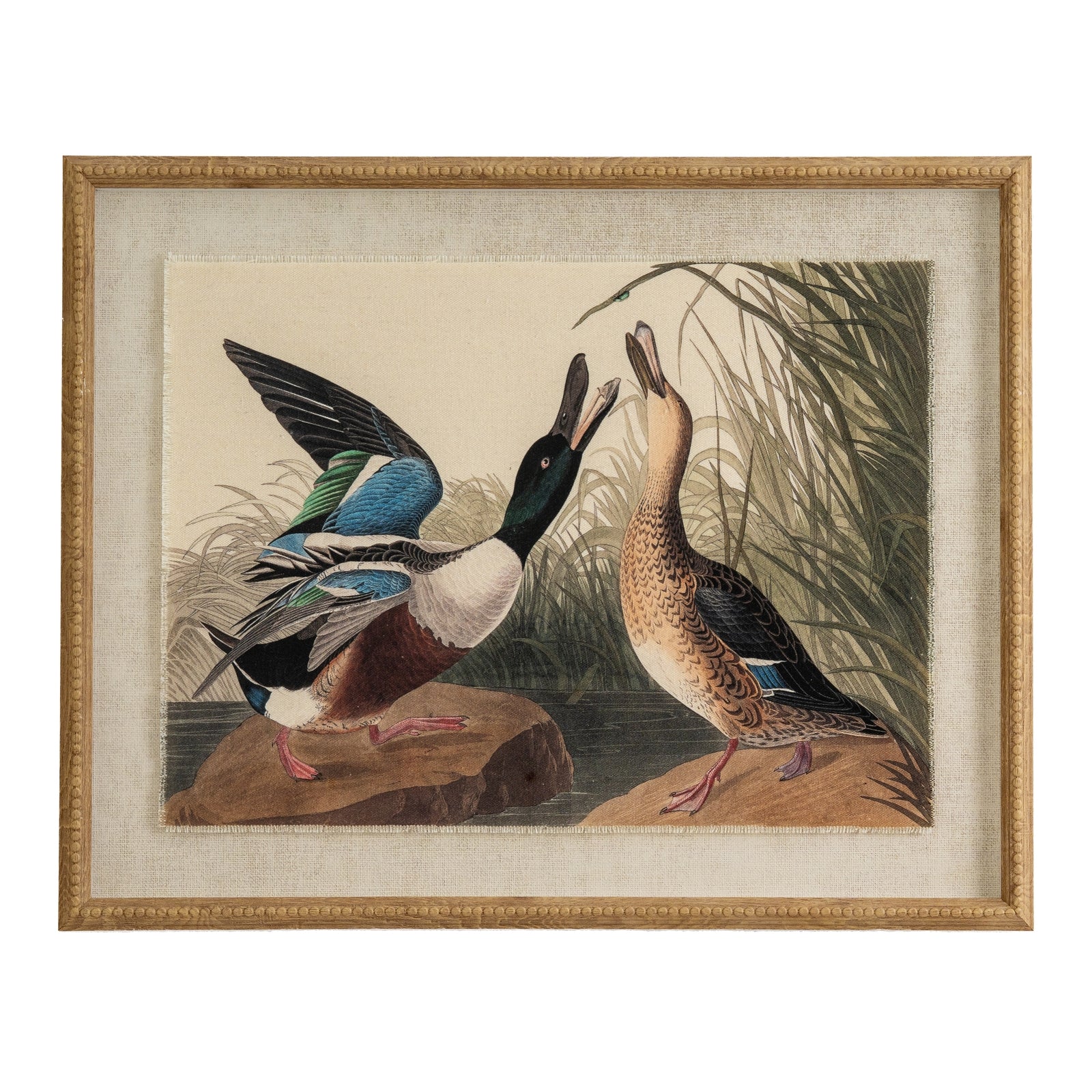 Flora & Fauna Collection Mallards On Linen In Beaded Frame GLASS Art & Printed Products in brown styled interior setting, luxury home decor