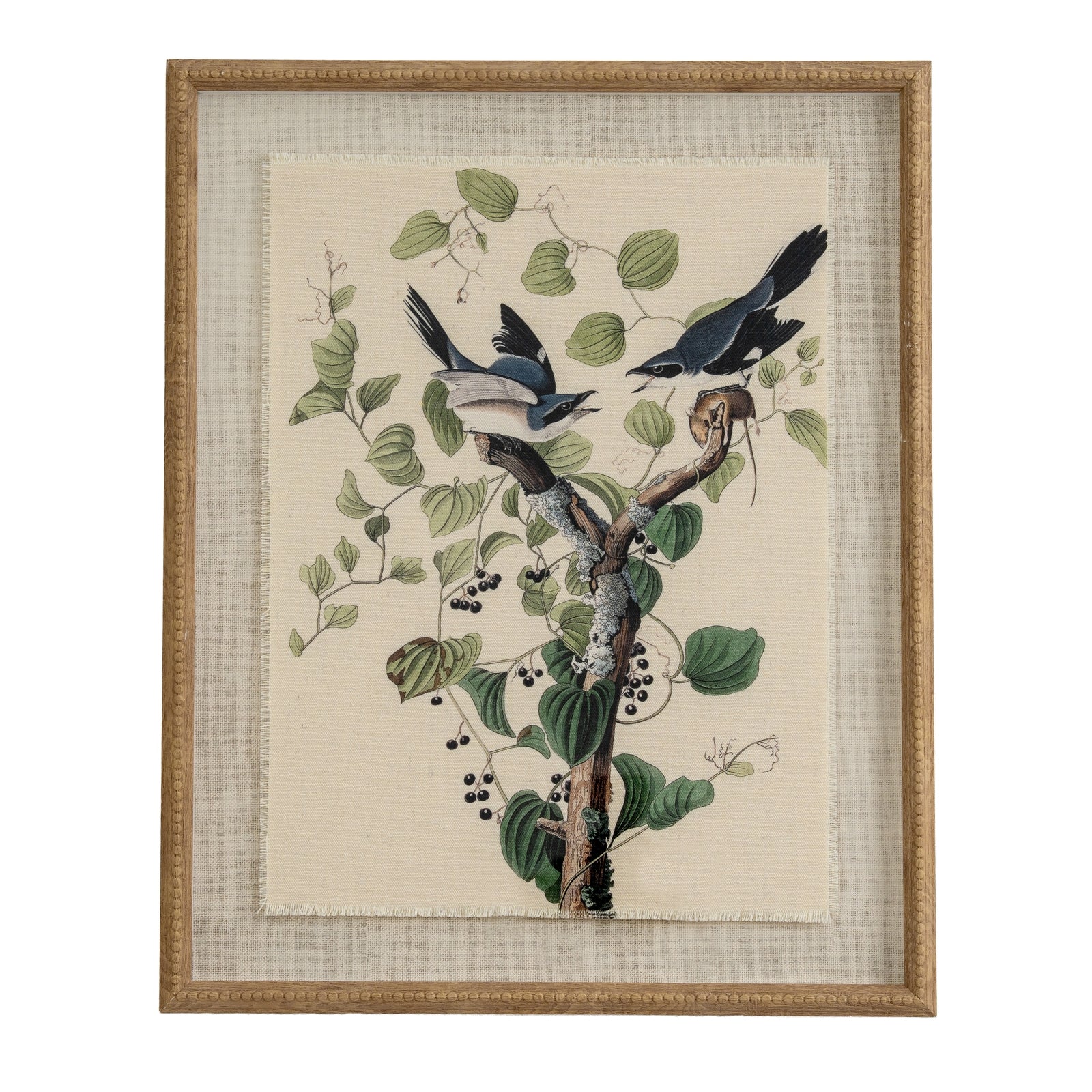 Flora & Fauna Collection Shrikes On Linen In Beaded Frame GLASS Art & Printed Products in brown styled interior setting, luxury home decor